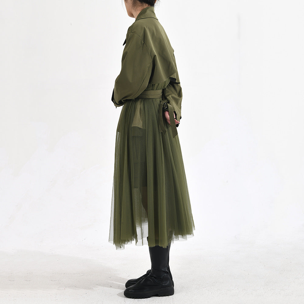 Manteau coupe-vent vert à coutures en maille de style coréen pour femmes