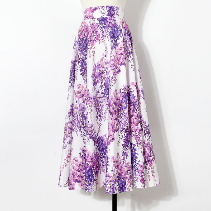 Cotton Wisteria Printed Large Swing Long Skirt