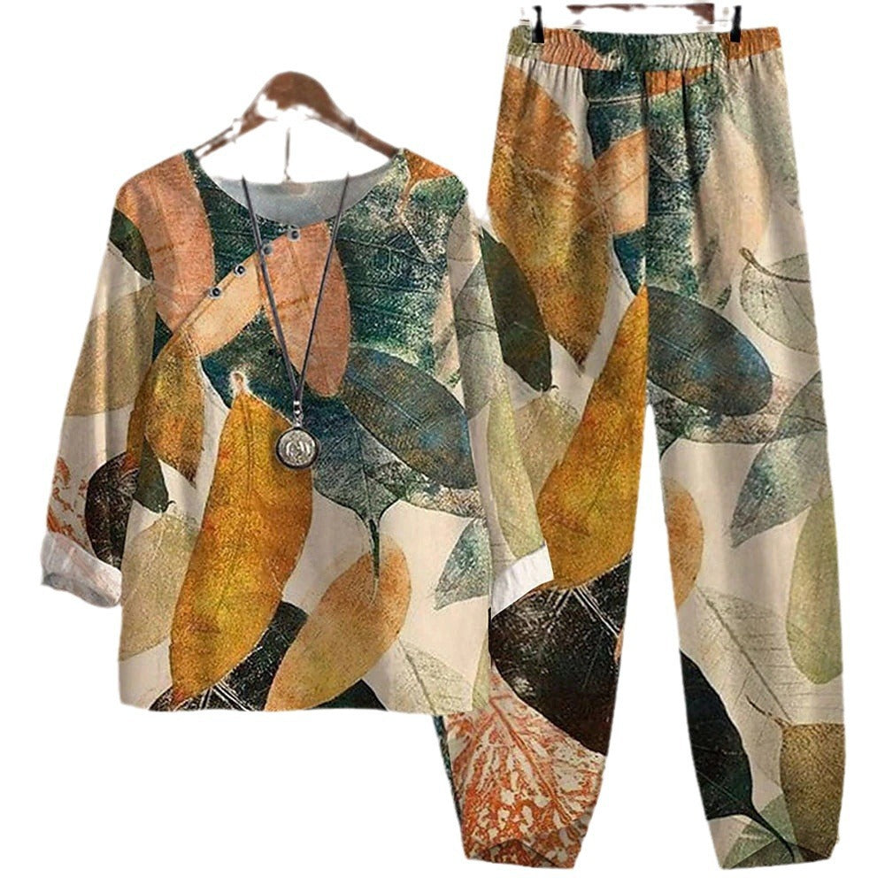 Women's Printed Loose Casual Short Sleeved Pants Set