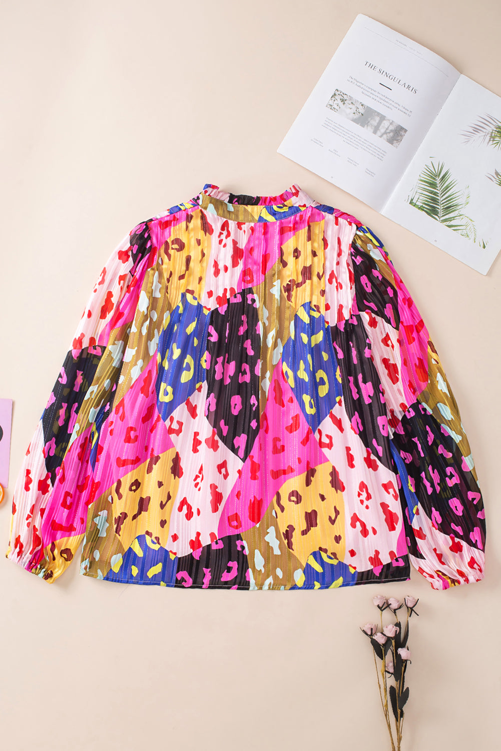 Rose Leopard Print Puff Sleeve Crinkle Blouse