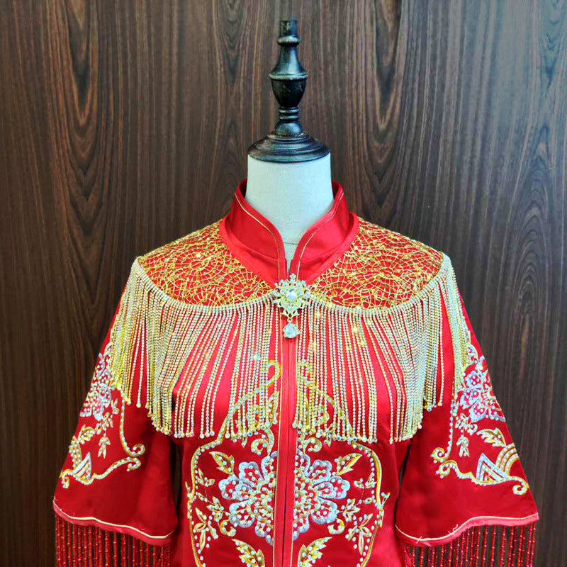 Xiuhe Châle Mariage Mariage Rouge Or Gland Dentelle Robe Traditionnelle