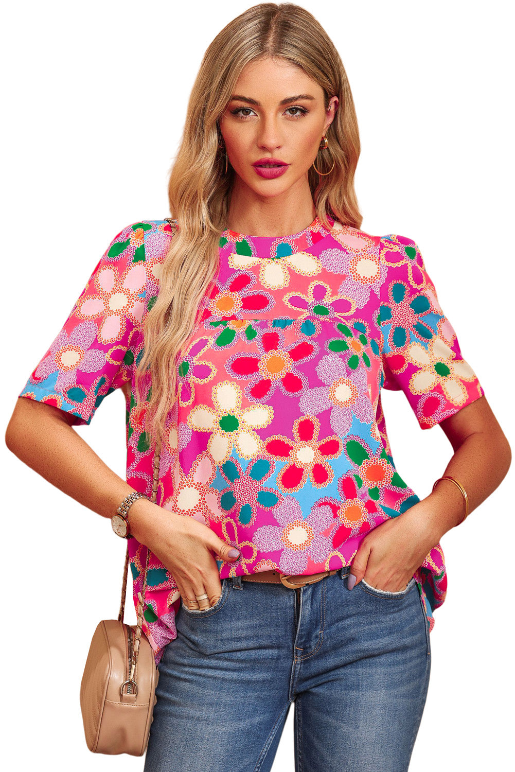 Blusa de manga corta con cuello redondo y estampado floral morado