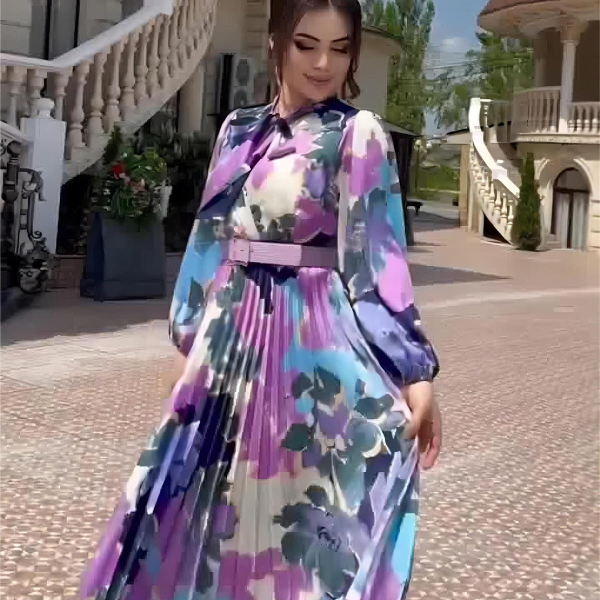 Vestido con diseño de estampado y cuello de bufanda para mujer, elegante vestido con mangas abullonadas y recorte de cintura