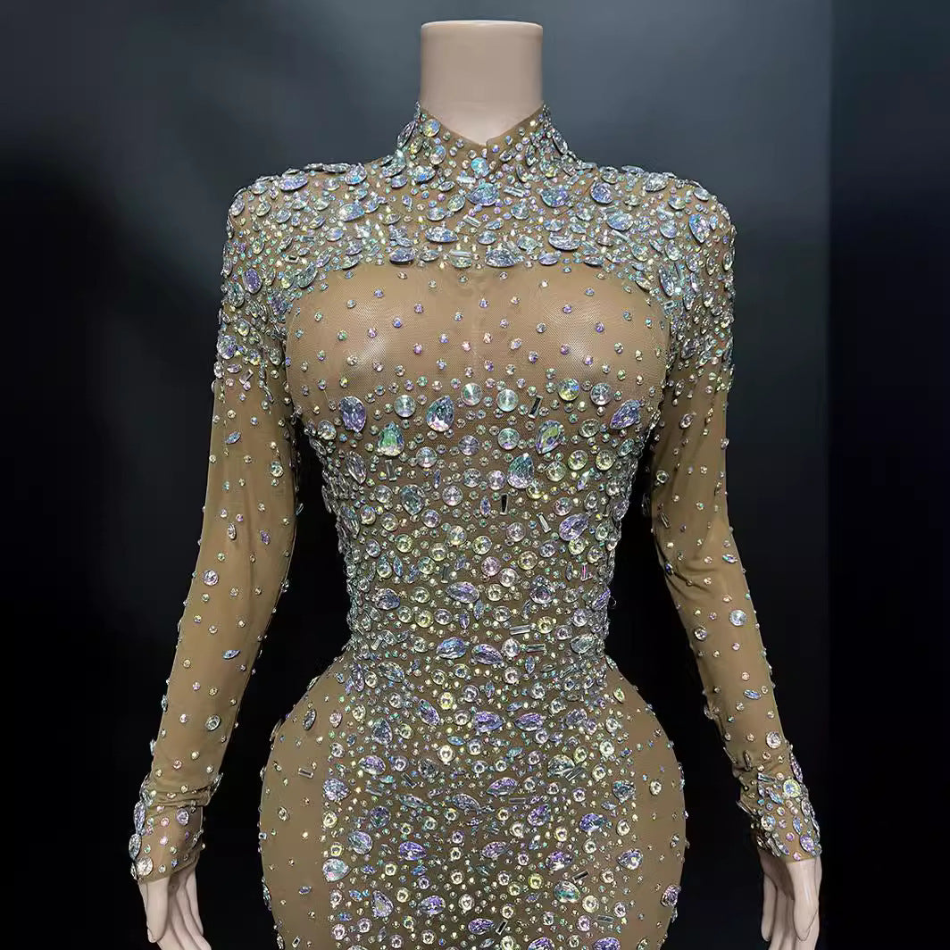 Vestido elegante de manga larga con espalda descubierta y diamantes brillantes para mujer