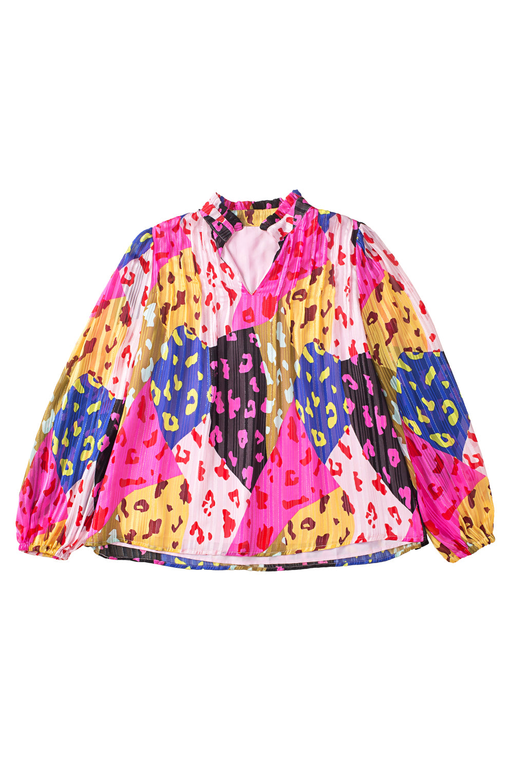 Rose Leopard Print Puff Sleeve Crinkle Blouse