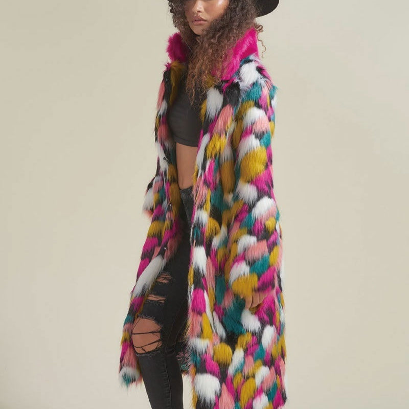 Women's Rainbow Fur Collar Imitation Fur Mid-length Coat