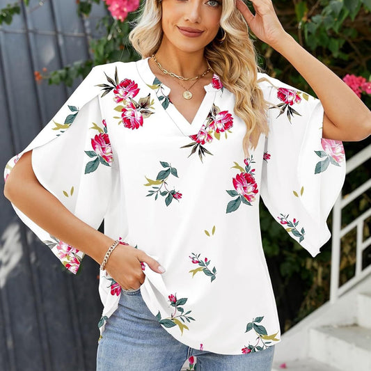 Women's Loose V-neck Petal Chiffon Top