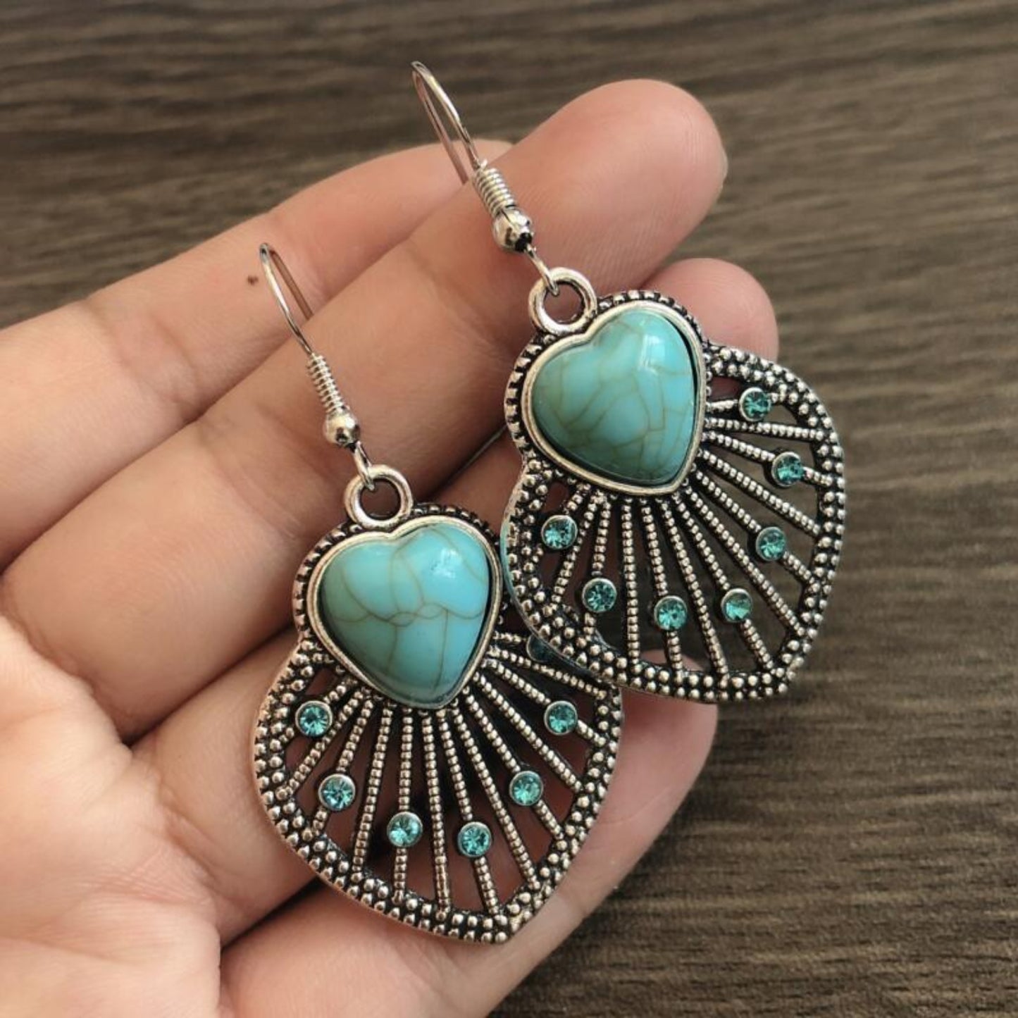 Boucles d'oreilles en forme de coeur et de feuille en strass turquoise artificiel