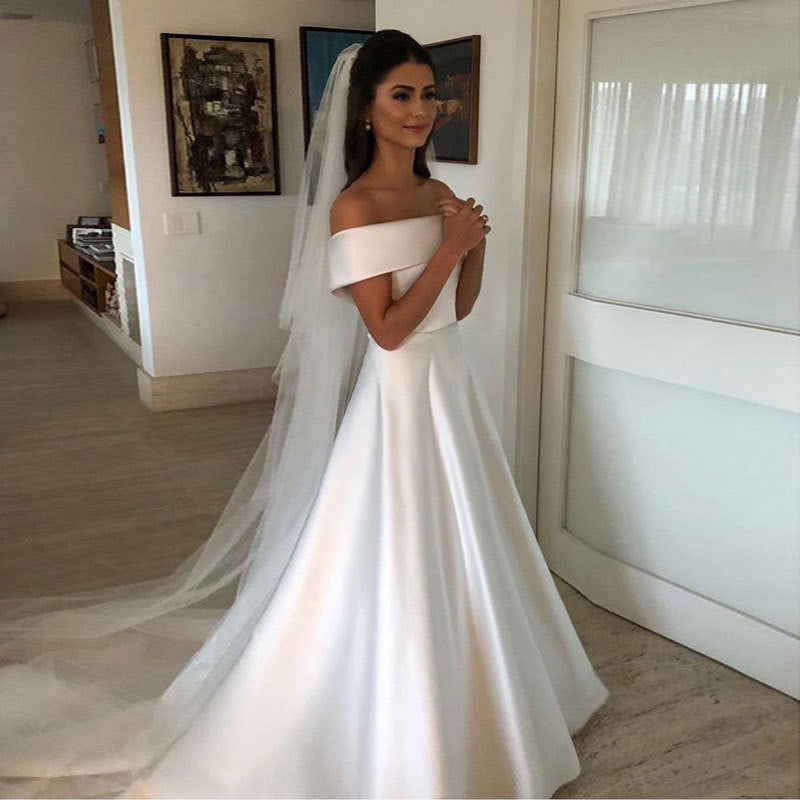 Vestido de novia para mujer Vestido sencillo con cuello descubierto