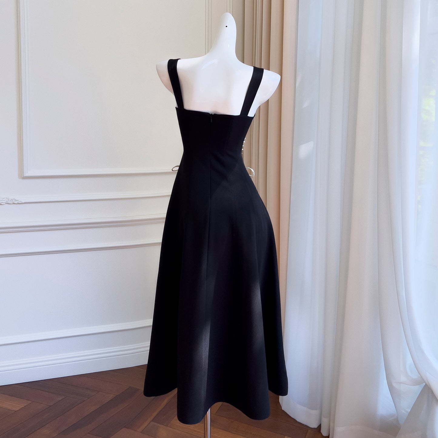 Vestido largo ajustado con cordones estilo Hepburn, pequeño, negro, elegante y adelgazante para mujer