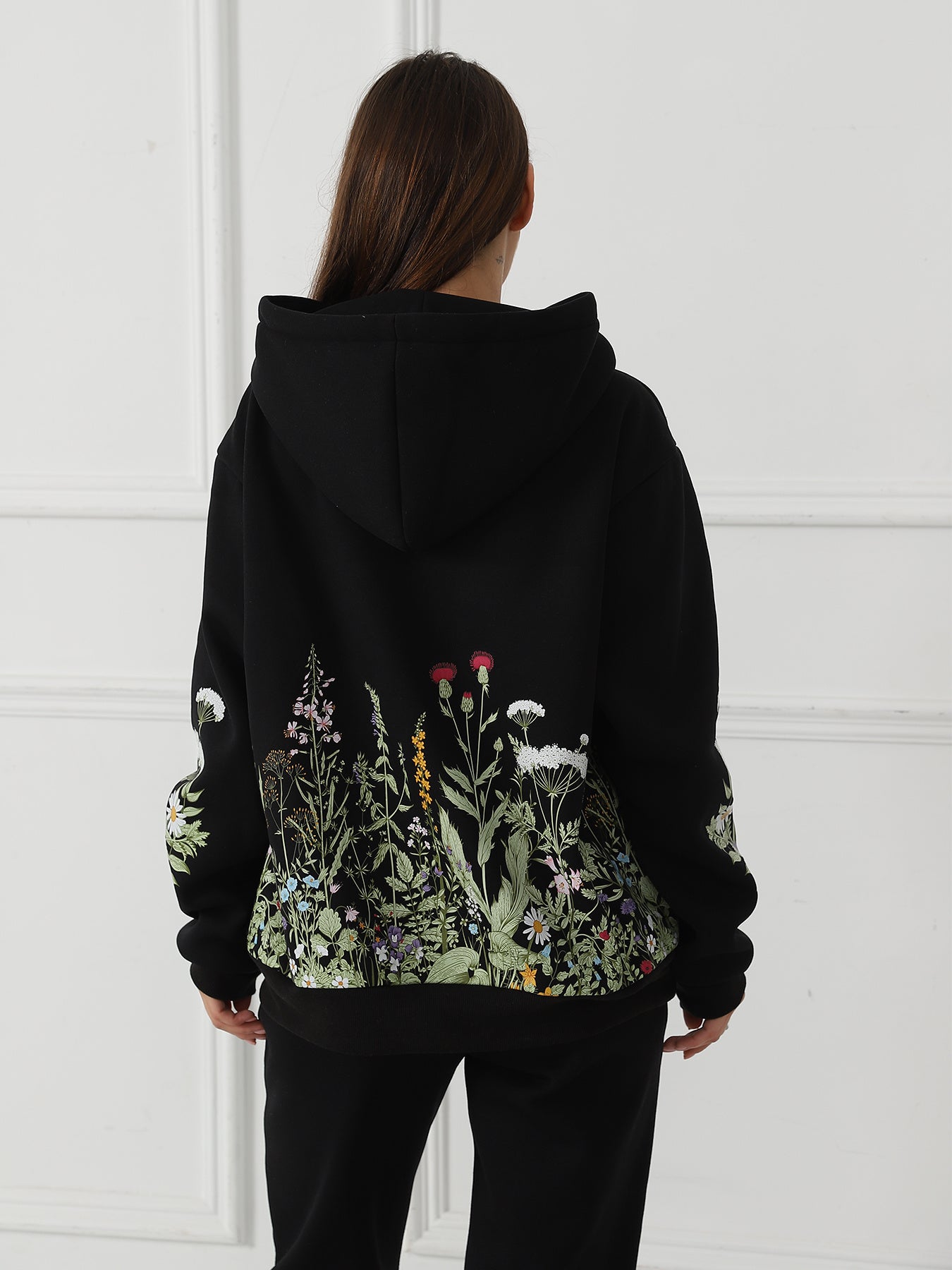 Sudadera de manga larga con estampado floral de color liso para mujer