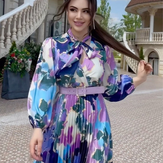 Vestido con diseño de estampado y cuello de bufanda para mujer, elegante vestido con mangas abullonadas y recorte de cintura