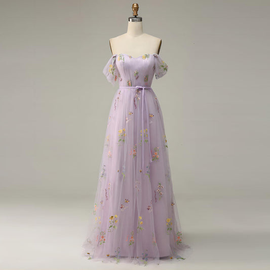 Robe violette à épaules dénudées et ligne florale pour femmes