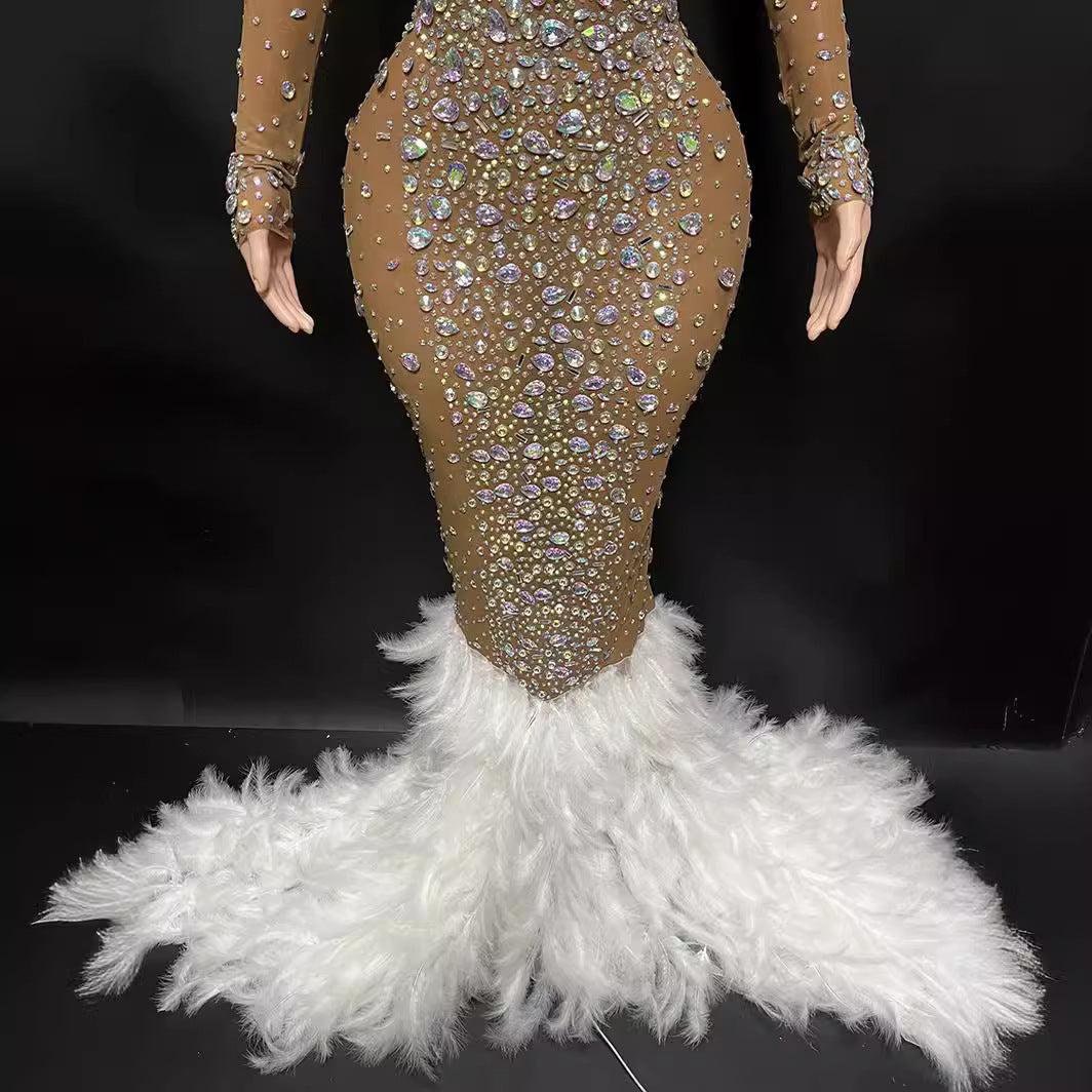 Vestido elegante de manga larga con espalda descubierta y diamantes brillantes para mujer