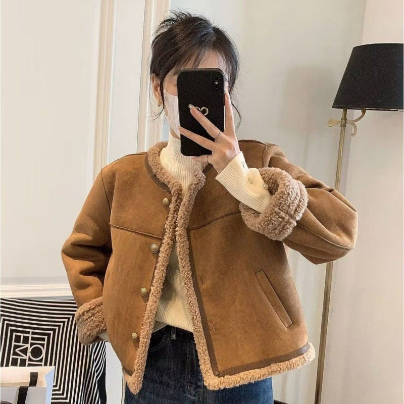 Veste ample courte en peluche et laine d'agneau épaisse pour femme