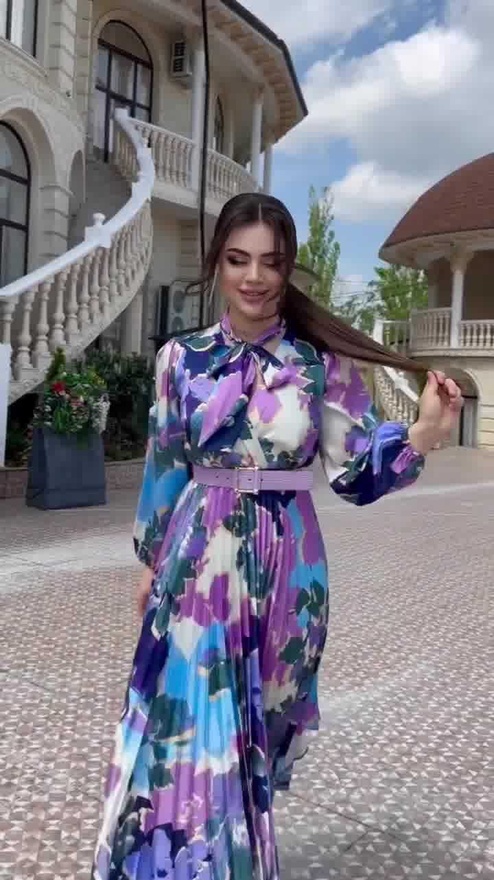 Vestido con diseño de estampado y cuello de bufanda para mujer, elegante vestido con mangas abullonadas y recorte de cintura