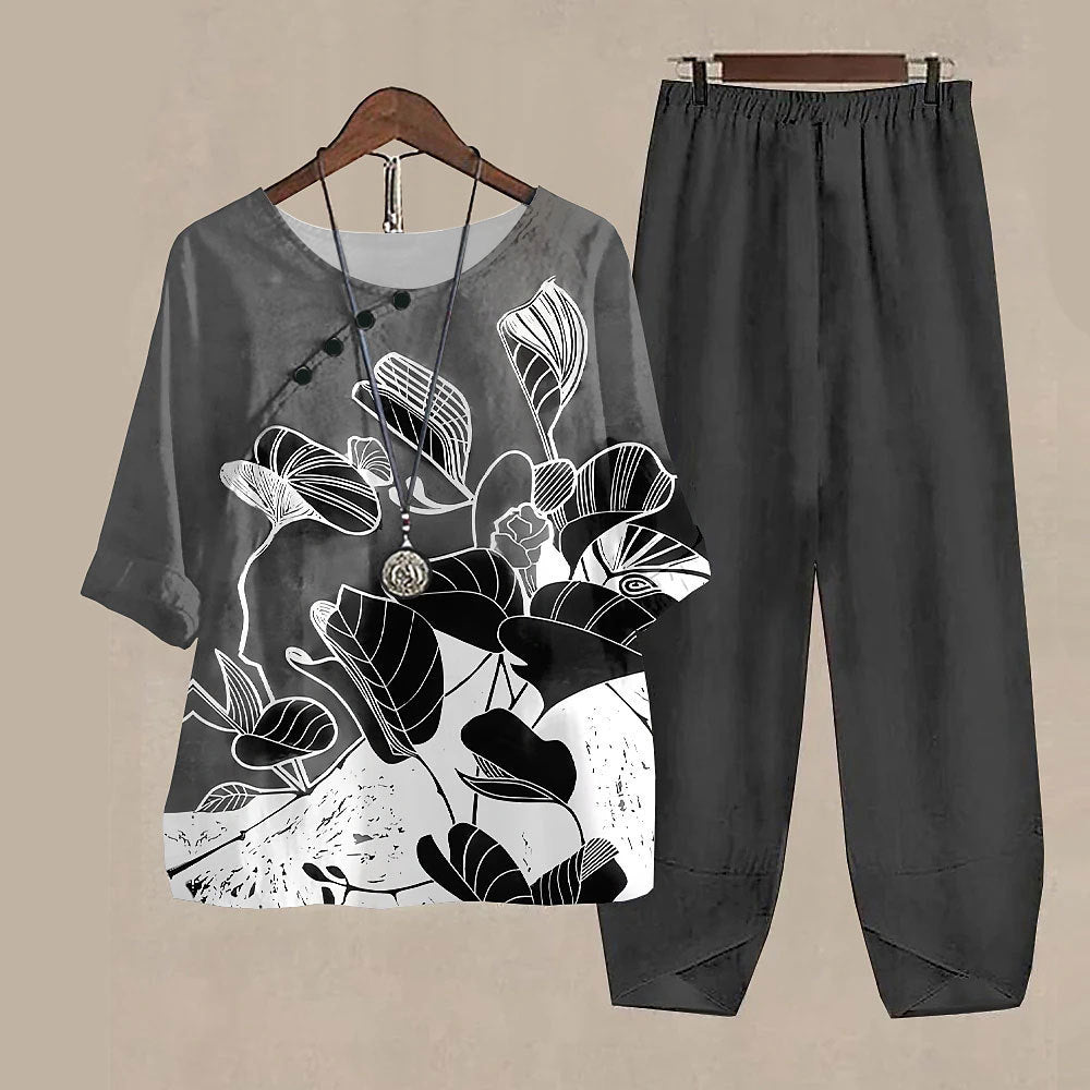 Women's Printed Loose Casual Short Sleeved Pants Set