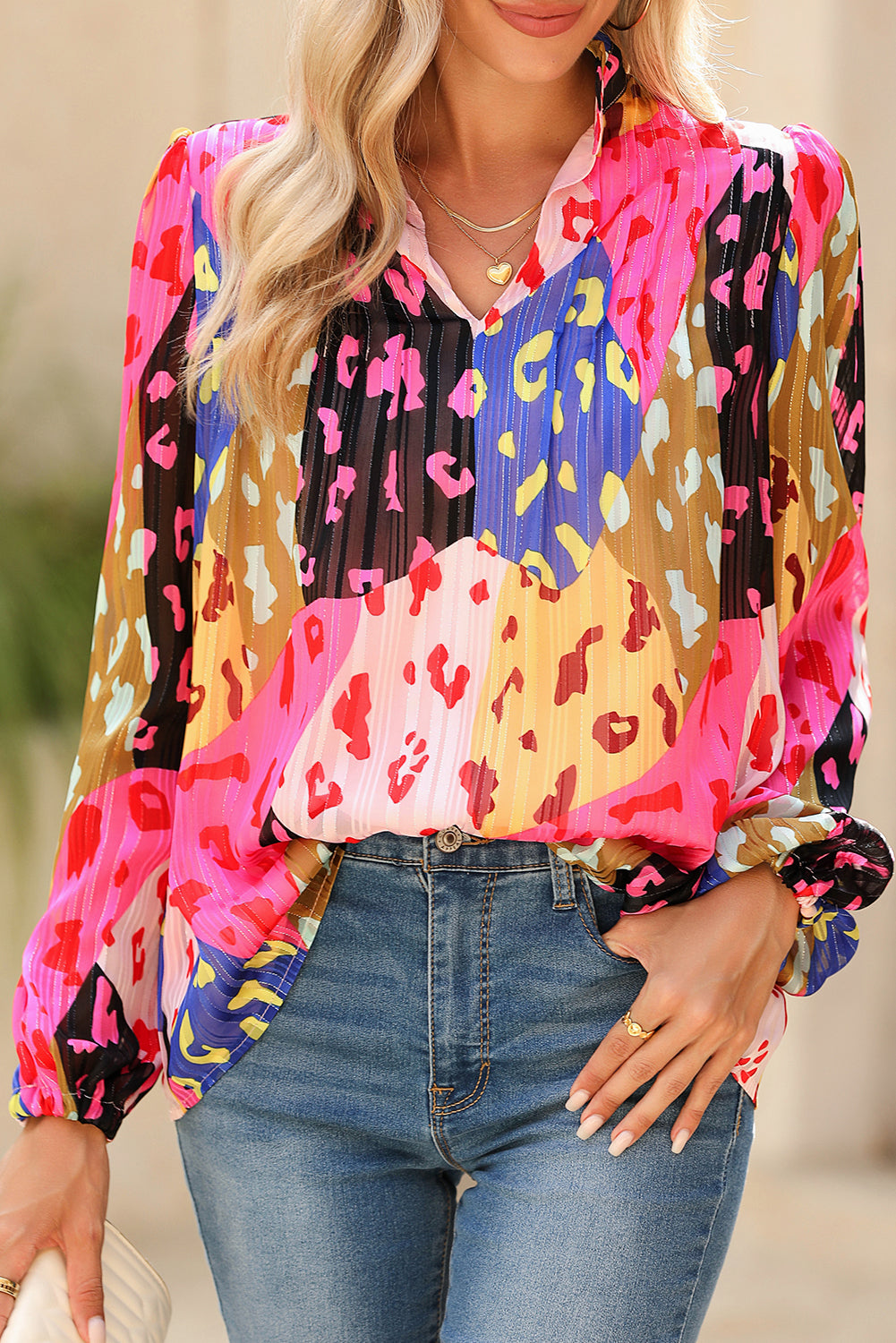 Rose Leopard Print Puff Sleeve Crinkle Blouse