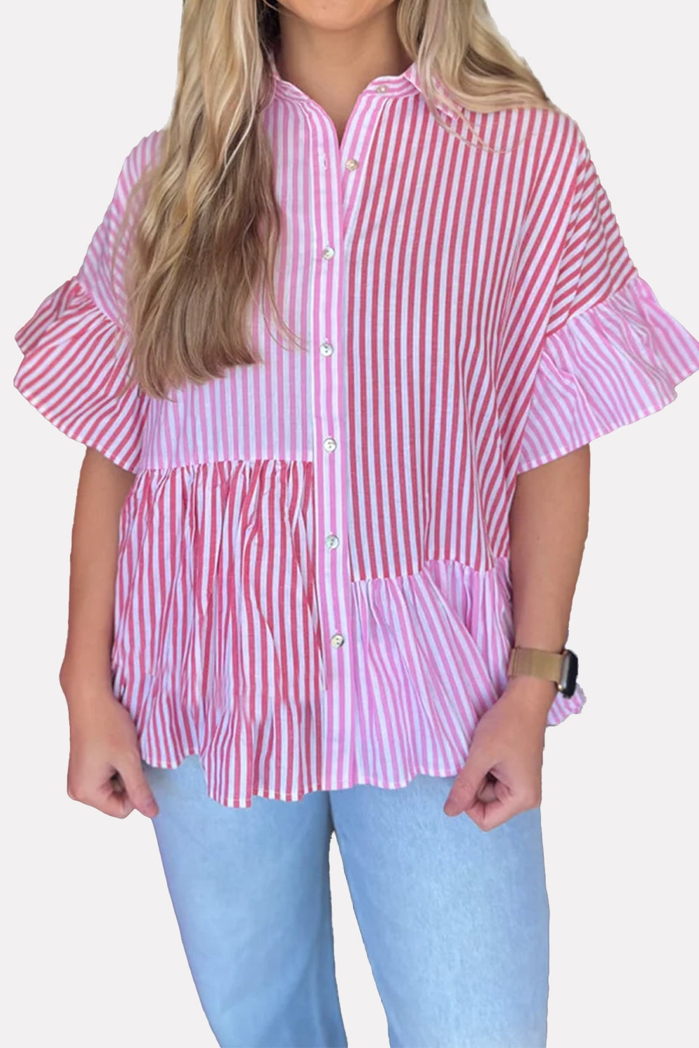 Striped Button Up Flounce Sleeve Shirt