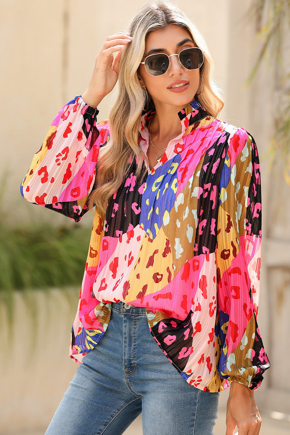 Rose Leopard Print Puff Sleeve Crinkle Blouse