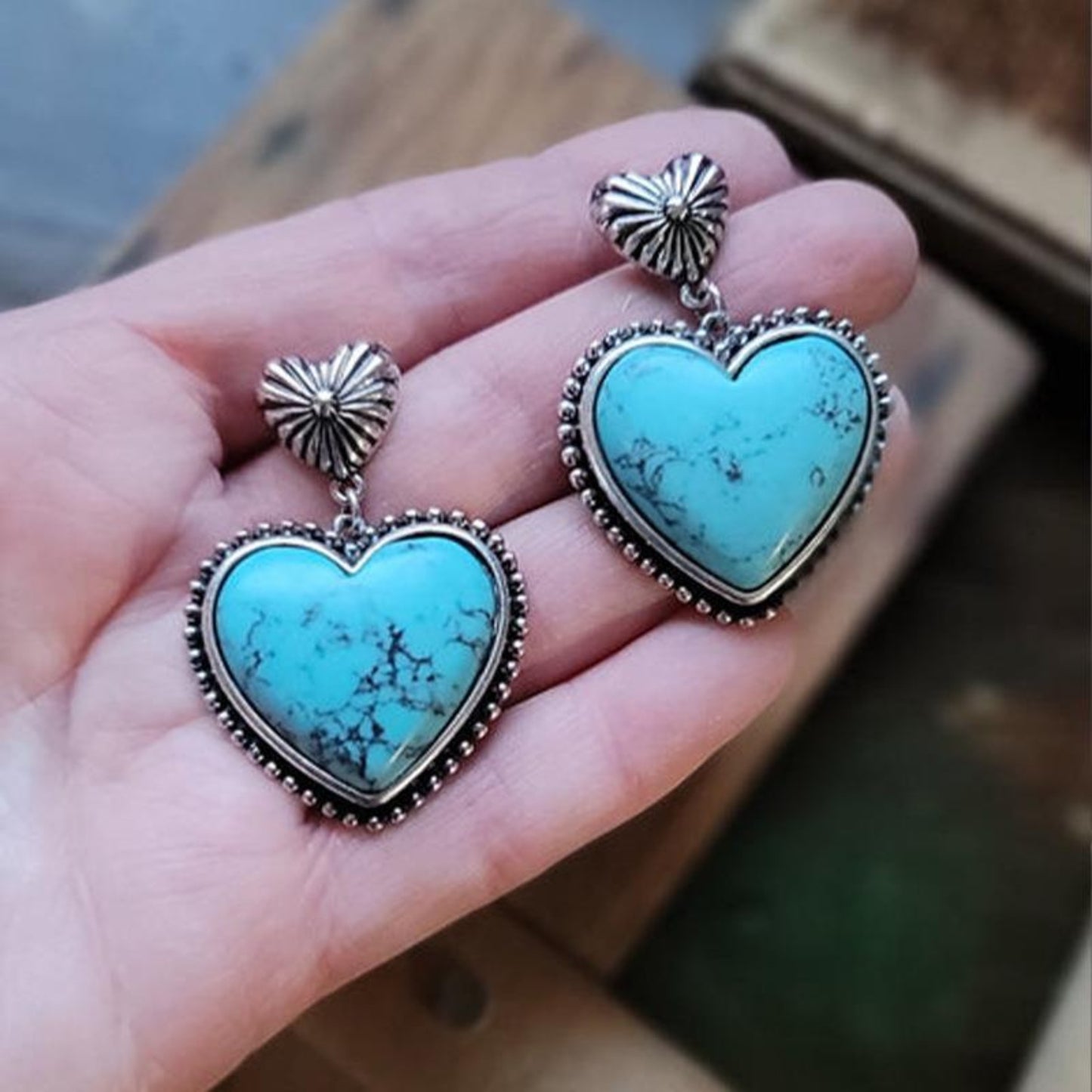 Boucles d'oreilles pendantes en forme de cœur en alliage turquoise artificiel