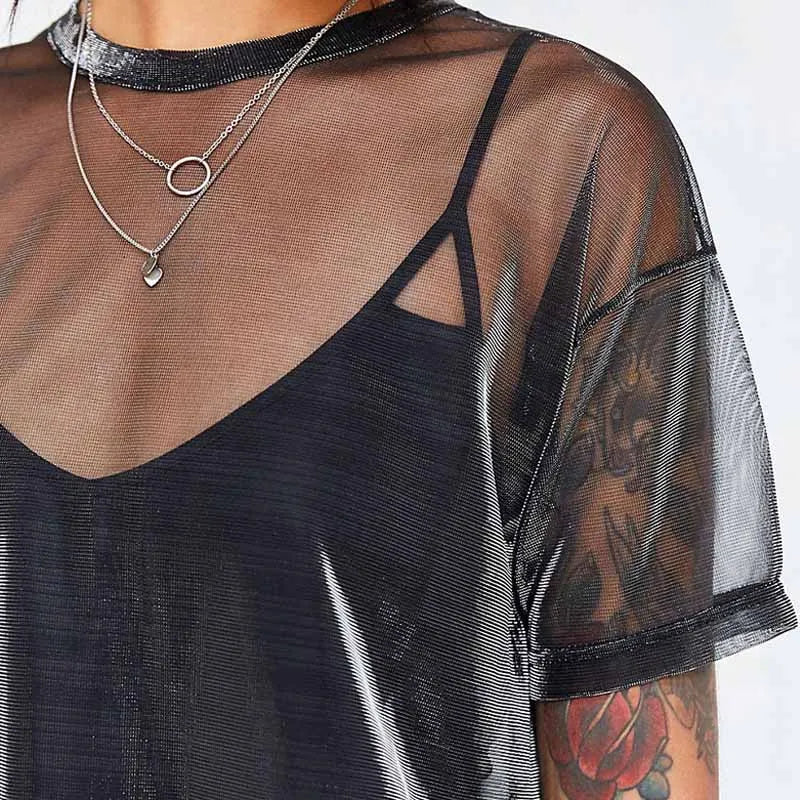 2018 été Sexy maille t-shirt transparent femmes Blouse à manches courtes Perspective brillance décontracté haut pour femme dame Vintage Blusa