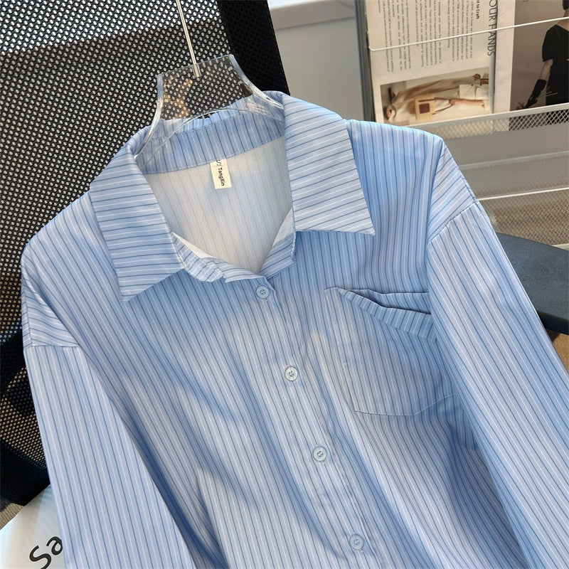 Abrigo Camisa de manga larga holgada con parte superior azul de estilo fino para mujer