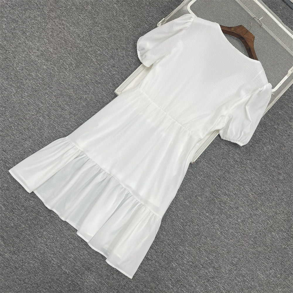 Robe blanche à col en V et taille lacet, grande taille, manches courtes