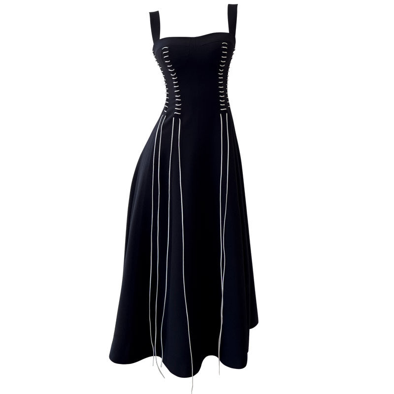 Vestido largo ajustado con cordones estilo Hepburn, pequeño, negro, elegante y adelgazante para mujer