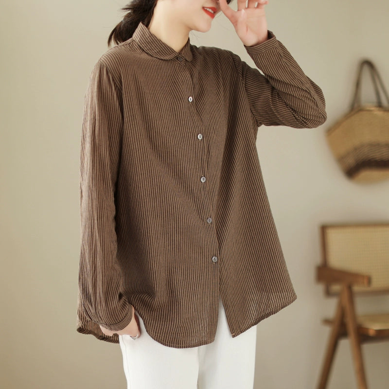 Long Sleeve Loose Niche Retro Cotton and Linen Striped Blouse