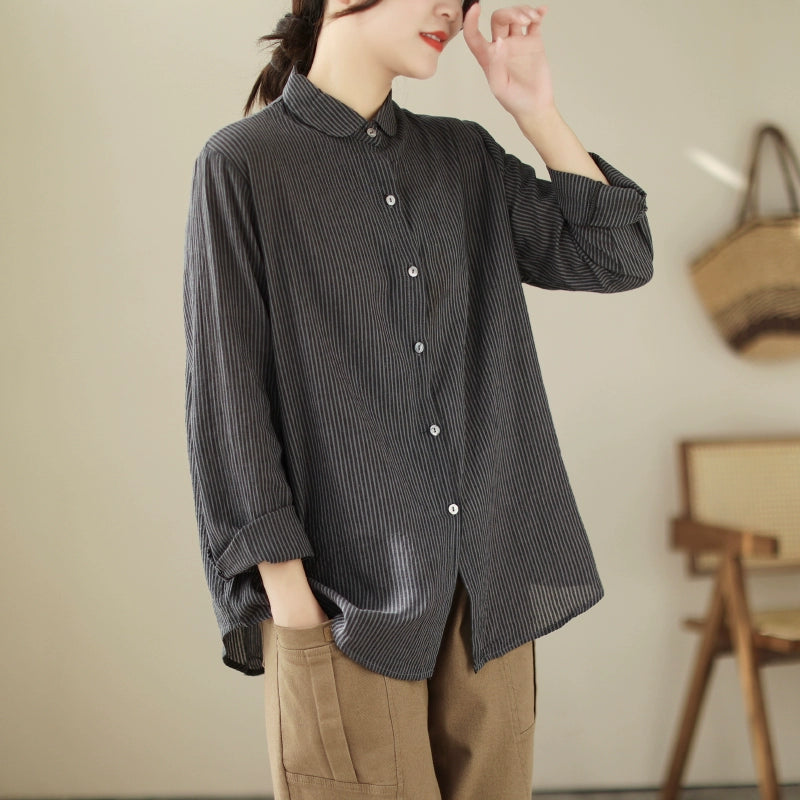 Long Sleeve Loose Niche Retro Cotton and Linen Striped Blouse