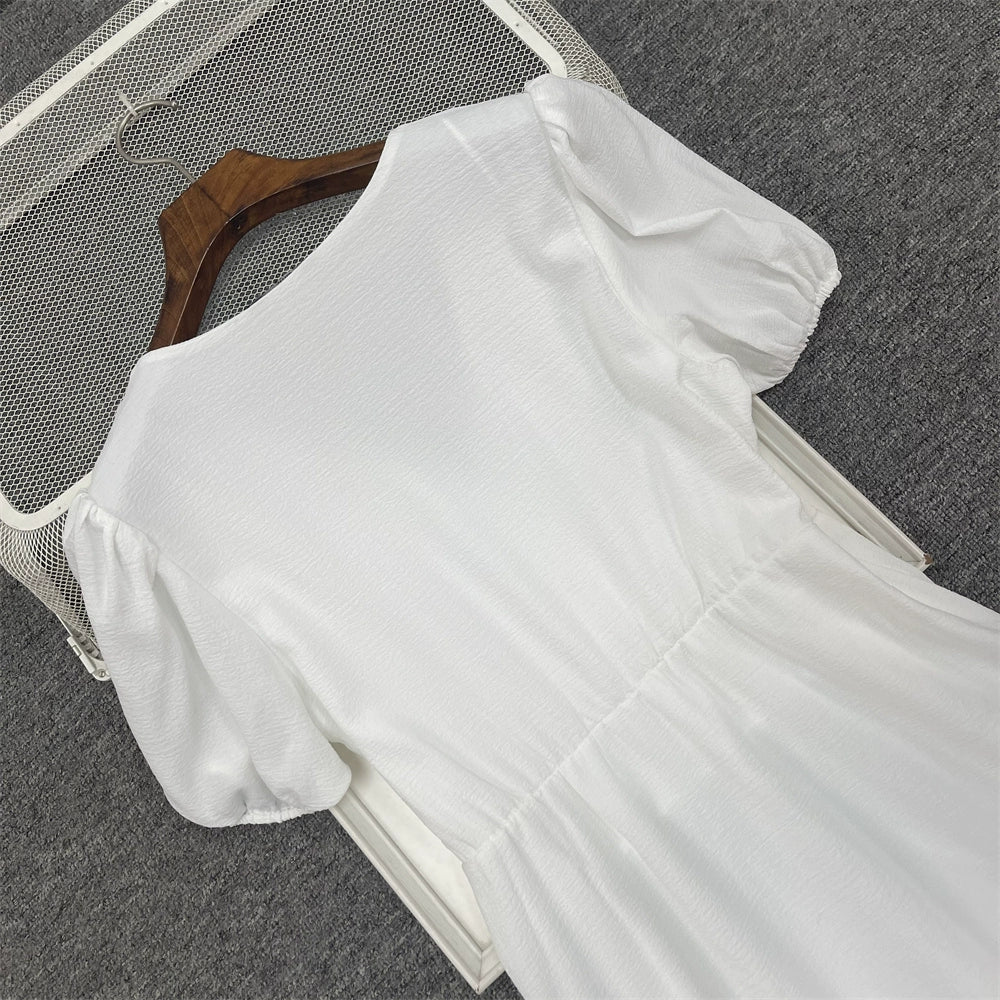 Robe blanche à col en V et taille lacet, grande taille, manches courtes