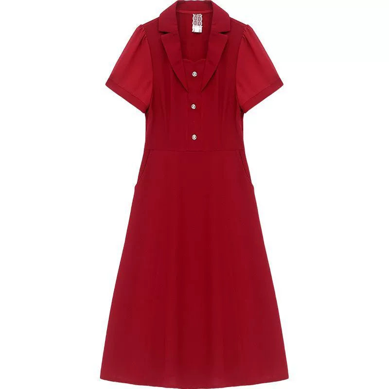 Women's New Popular Temperament Red Cotton and Linen Dress