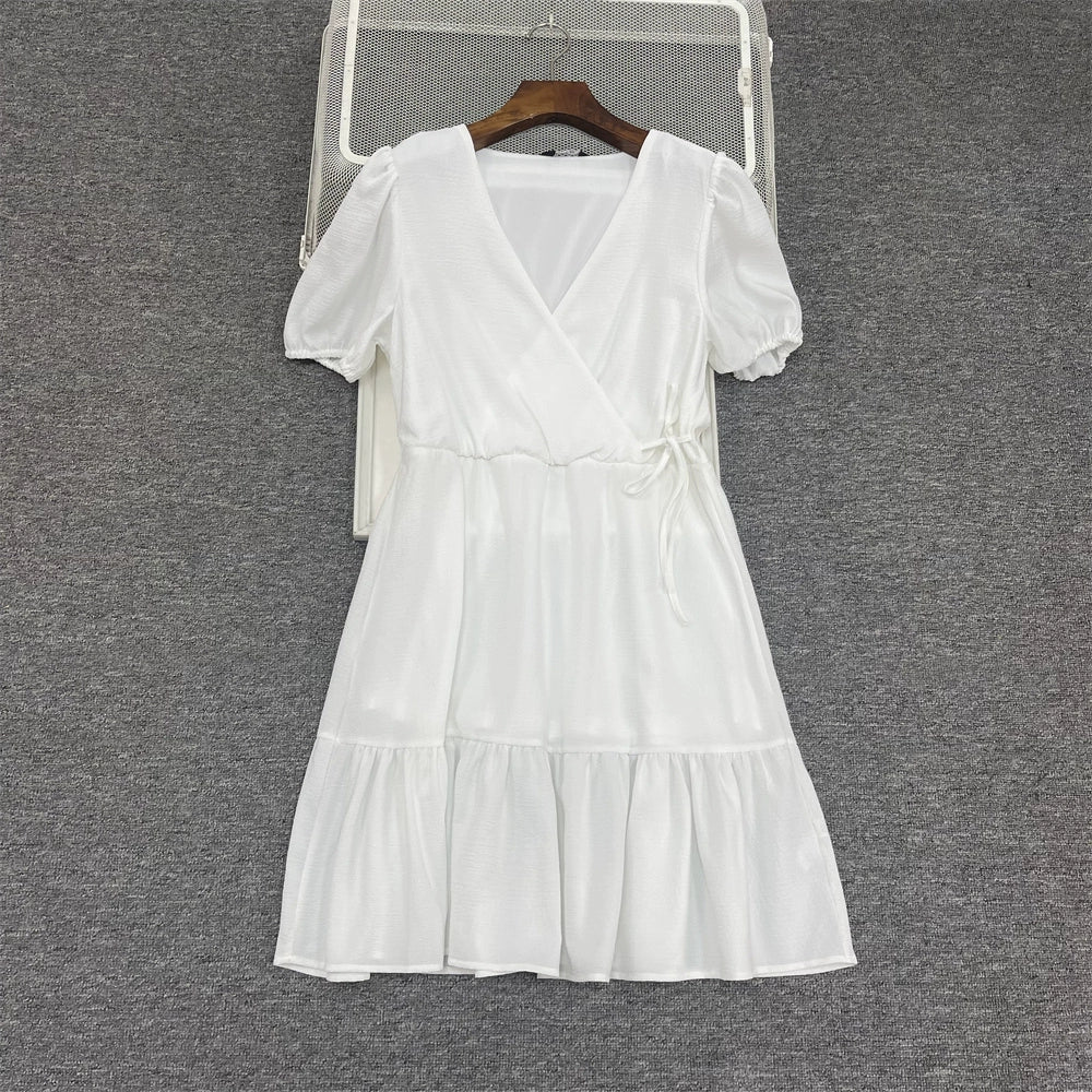 Robe blanche à col en V et taille lacet, grande taille, manches courtes