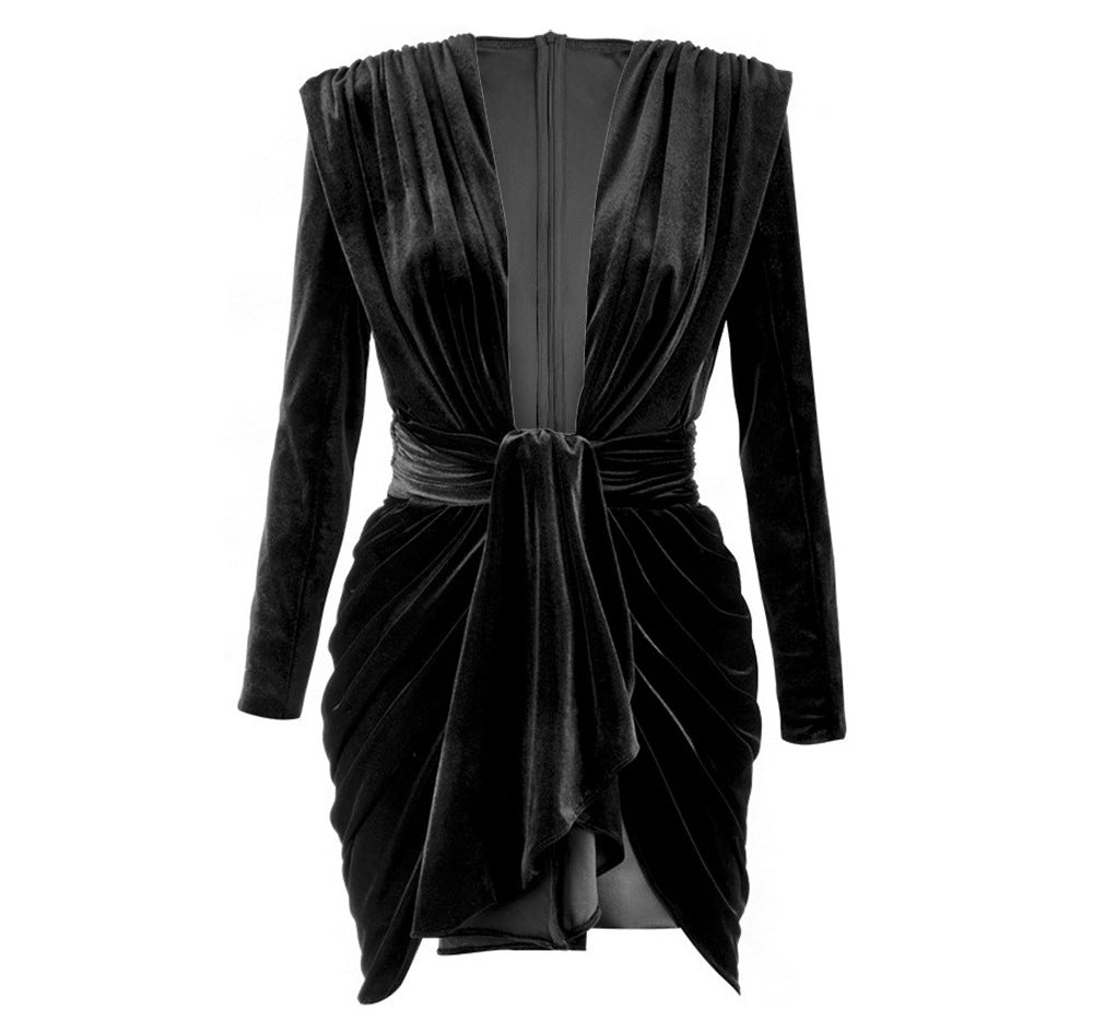 Robe fourreau Zou plissée en velours noir pour femmes, col en V