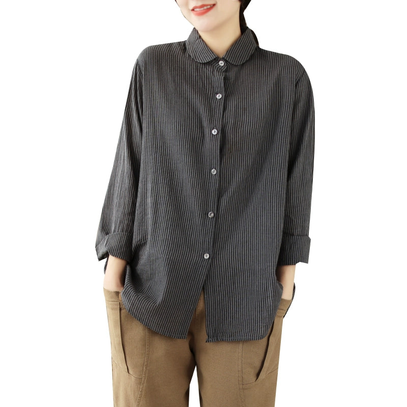 Long Sleeve Loose Niche Retro Cotton and Linen Striped Blouse