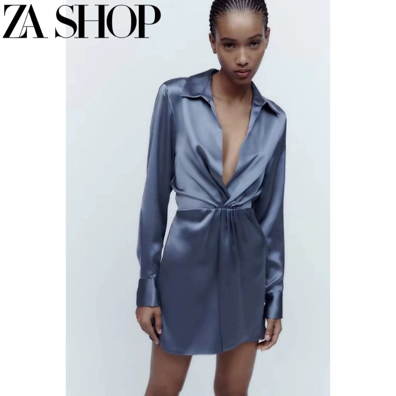 Za automne nouveau femmes taille serré mince à la recherche élégante Mini jupe soie Satin Texture robe 9097371