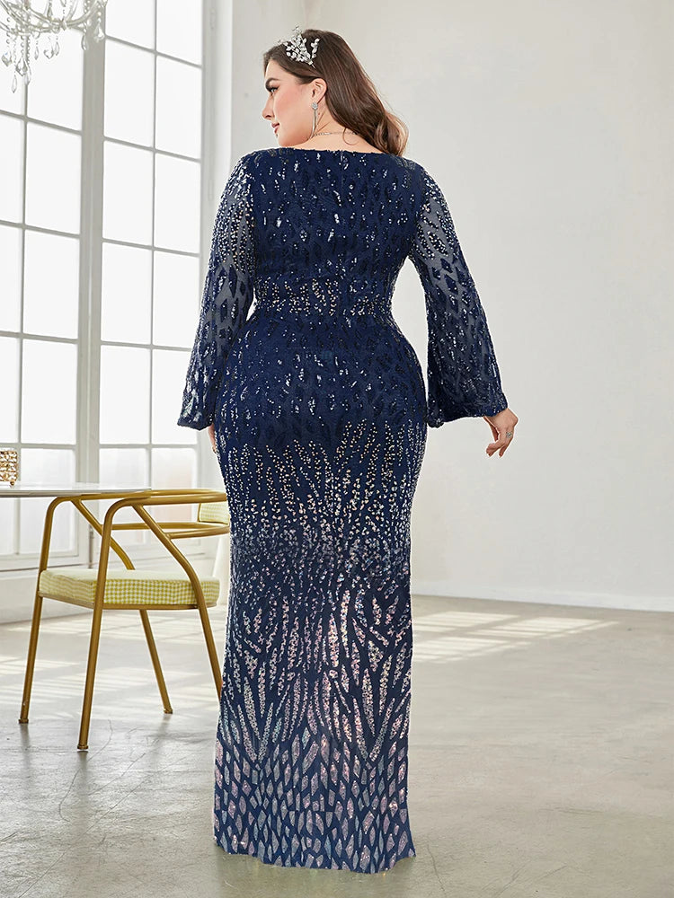 XUIBOL grande taille élégant paillettes bleu robe de soirée 2024 femmes formelle Maxi bal manches longues robe de soirée de luxe robe de Cocktail