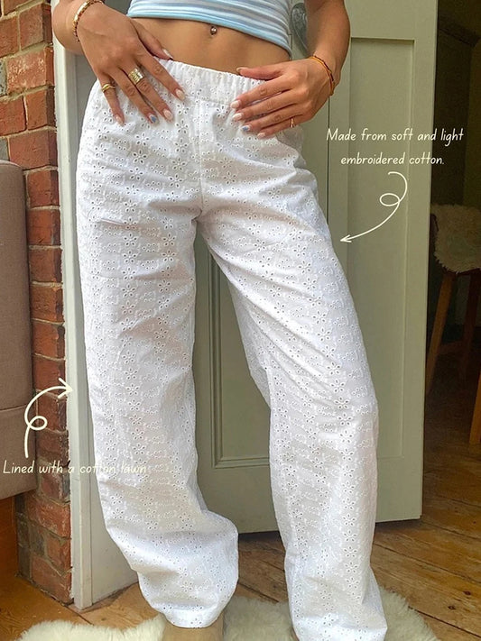 Pantalones Casuales Blancos para Mujer Cintura Elástica Y Elástica Flor Hueca Pantalones Sueltos De Pierna Recta Ropa De Calle Diaria