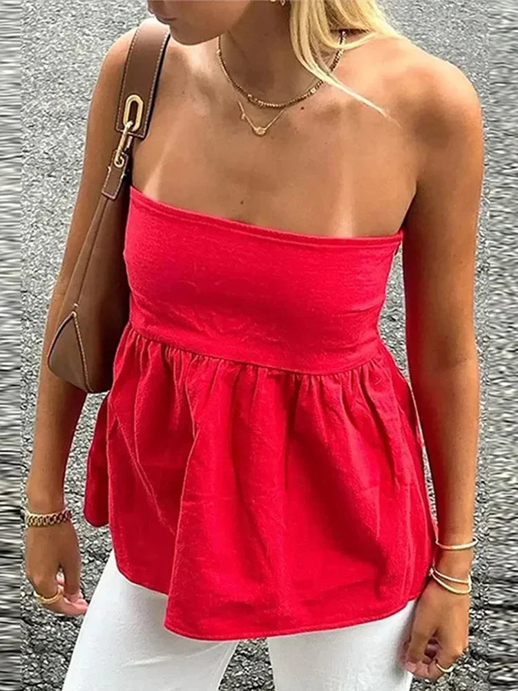 Y2K Strapless Women Tube Shirts Backless A Line Solid Lady Ruffles Top 2024 Summer Fashion All Match Beach Female Streetwear