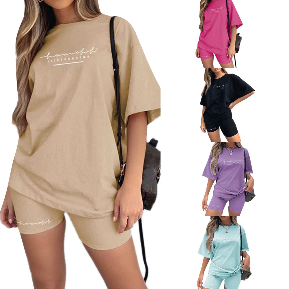 Ensemble 2 pièces de sport de loisirs pour femmes, T-Shirt ample à manches courtes avec lettres imprimées + Short Capris moulant, tenue d'été