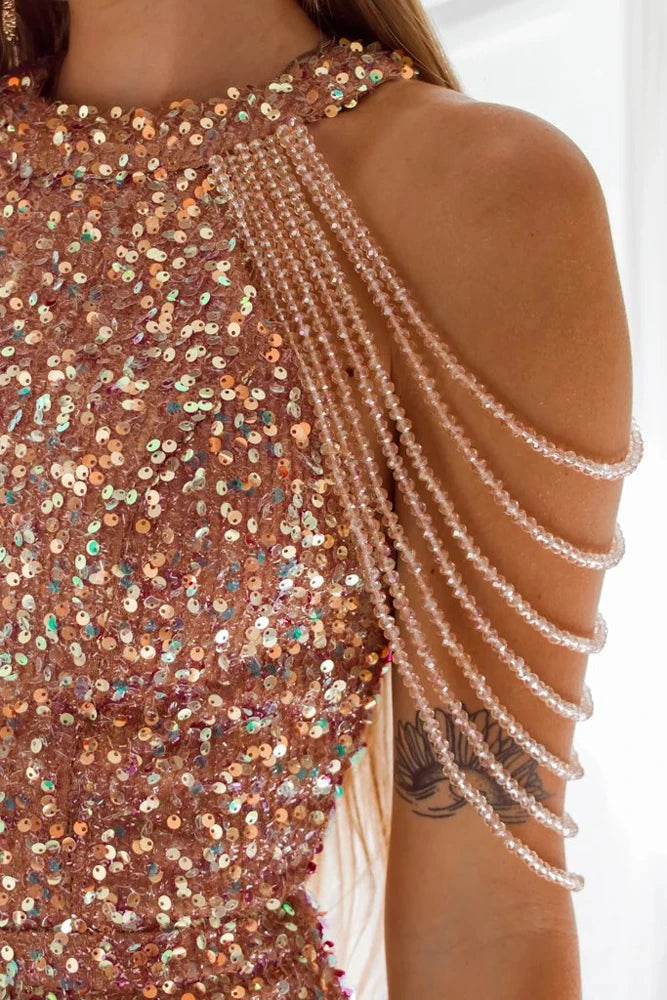 YIDINGZS épaules dénudées perles robe à paillettes dorées longue robe de soirée femmes robe de soirée Sexy