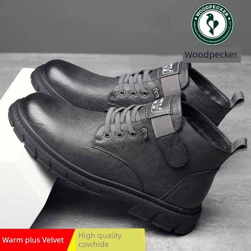 Woodpecker Men's Shoes Genuine Leather Soft-Soled Martin Boots Men's Vintage Casual Leather Shoes Men's Korean Style Worker Boot British Style Ankle Boots