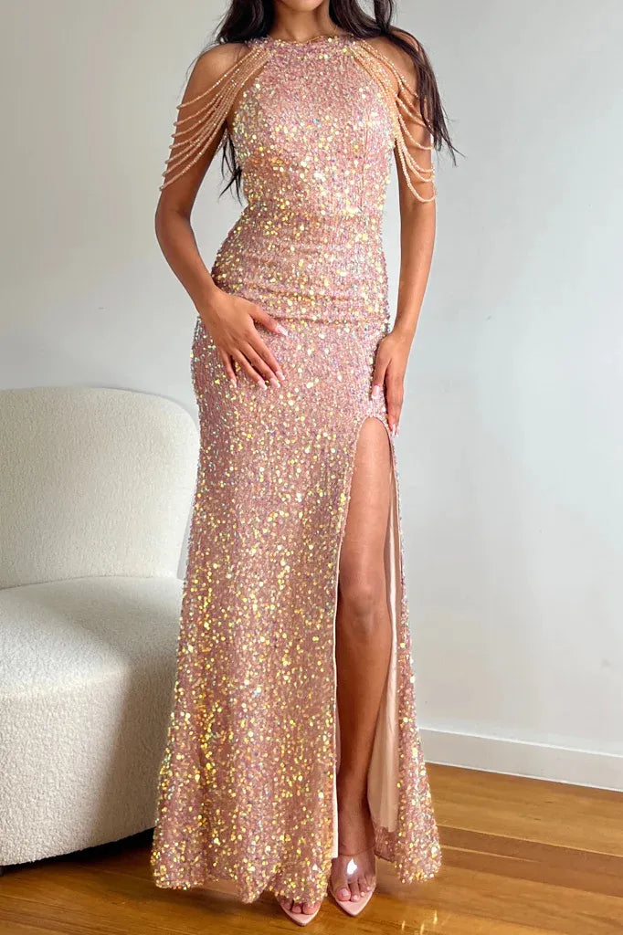 YIDINGZS épaules dénudées perles robe à paillettes dorées longue robe de soirée femmes robe de soirée Sexy