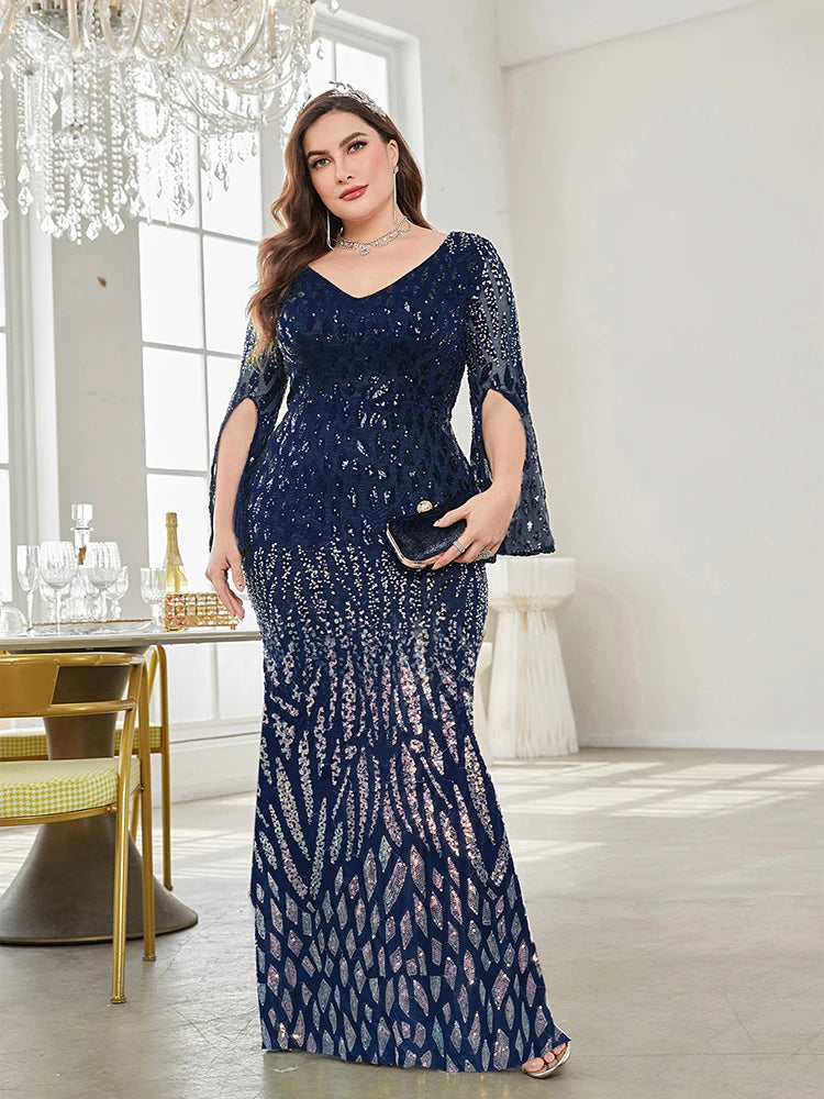 XUIBOL grande taille élégant paillettes bleu robe de soirée 2024 femmes formelle Maxi bal manches longues robe de soirée de luxe robe de Cocktail