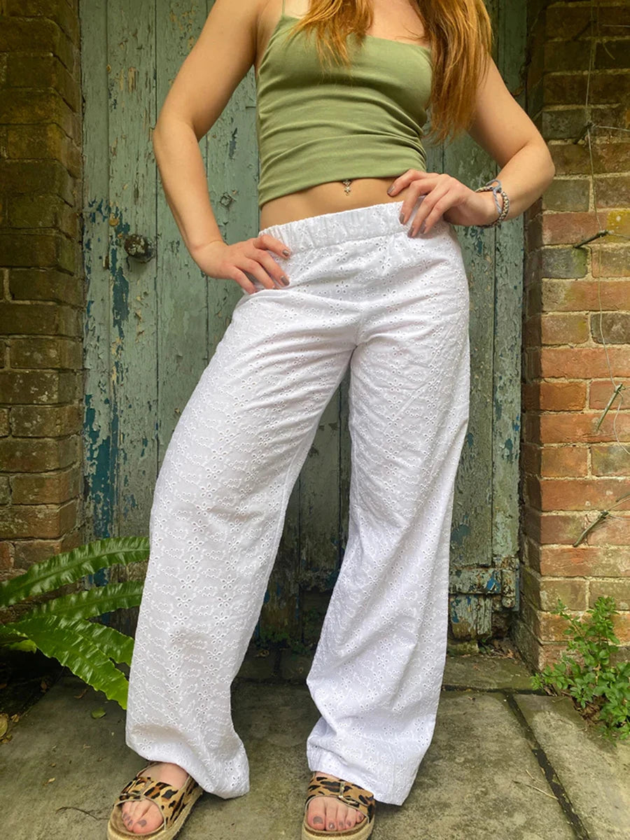 Pantalones Casuales Blancos para Mujer Cintura Elástica Y Elástica Flor Hueca Pantalones Sueltos De Pierna Recta Ropa De Calle Diaria