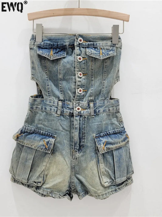 [EWQ] tendance européenne femmes simple boutonnage taille creuse sans bretelles gris Denim combinaison vêtements jambe Large et grande poche 16U8917