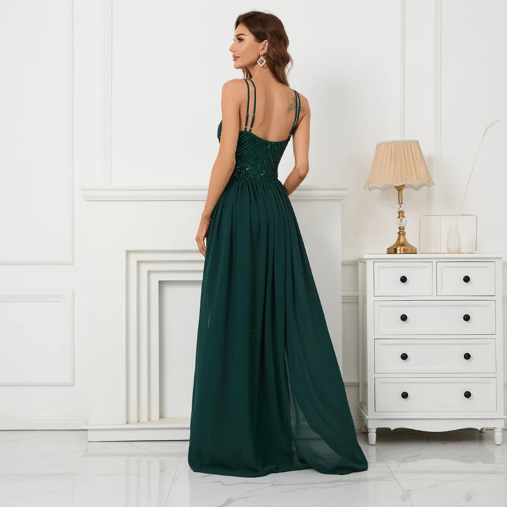 YIDINGZS Sexy vert robe de soirée à paillettes robe Maxi de fête avec Train en mousseline de soie détachable femmes perles longue robe de bal 19223