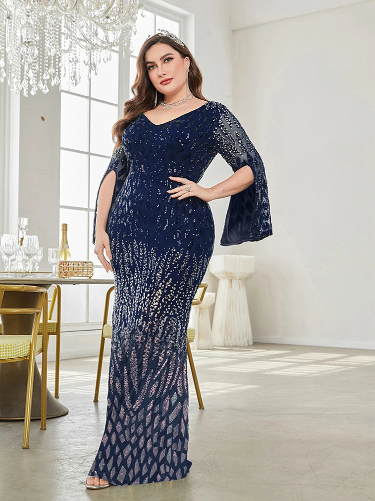 XUIBOL grande taille élégant paillettes bleu robe de soirée 2024 femmes formelle Maxi bal manches longues robe de soirée de luxe robe de Cocktail