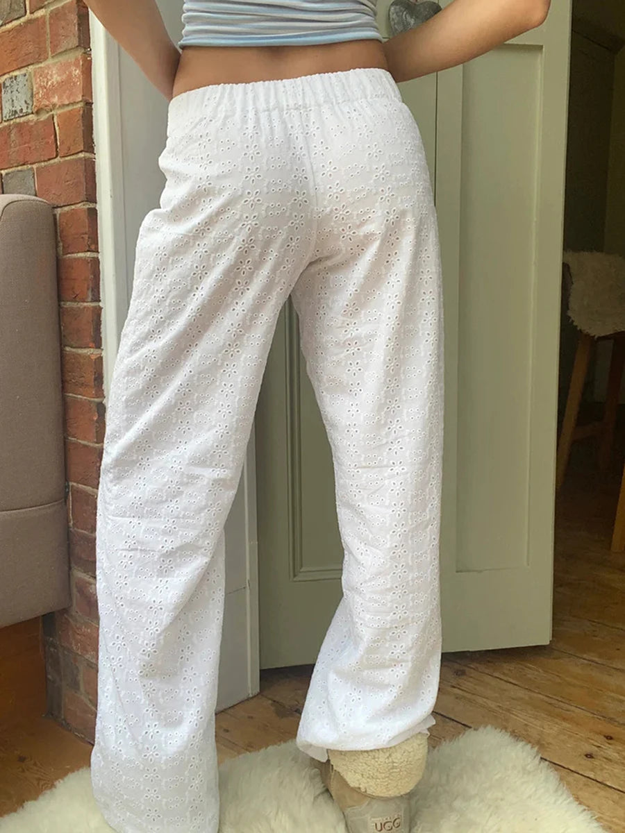 Pantalones Casuales Blancos para Mujer Cintura Elástica Y Elástica Flor Hueca Pantalones Sueltos De Pierna Recta Ropa De Calle Diaria